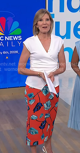 Kate’s white wrap top and red floral print skirt on NBC News Daily