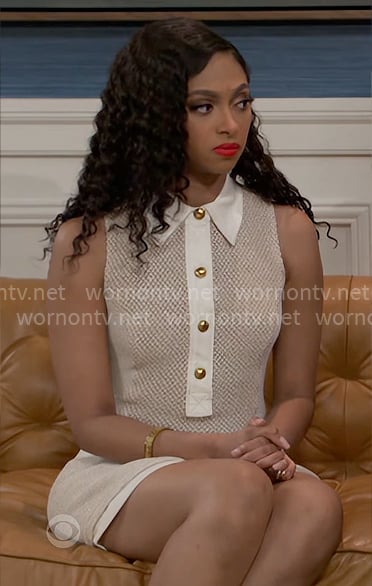Kat’s tweed button front dress on Beyond the Gates