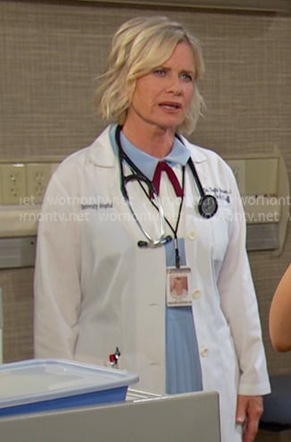 Kayla's blue and white pleated dress on Days of our Lives