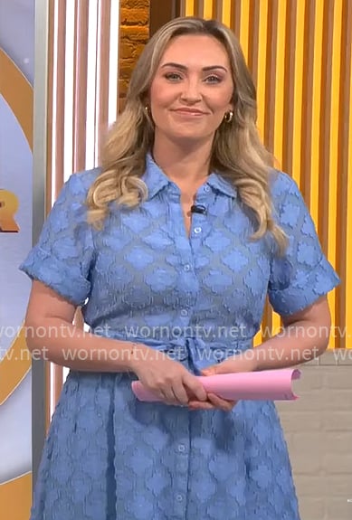 Kelly O’Grady’s blue textured shirtdress on CBS Mornings