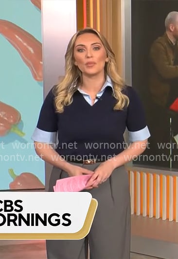 Kelly O’Grady’s navy layered sweater on CBS Mornings