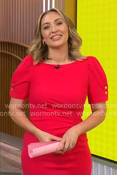 Kelly O'Grady's red puff-sleeve dress on CBS Mornings