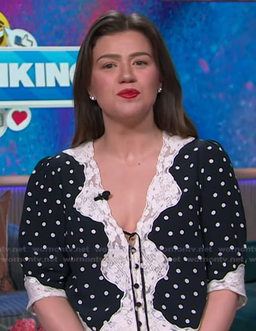 Kelly’s polka dot lace trim blouse on The Kelly Clarkson Show