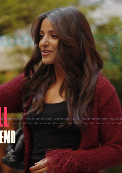 Kendall’s maroon feather cardigan on Next Gen NYC
