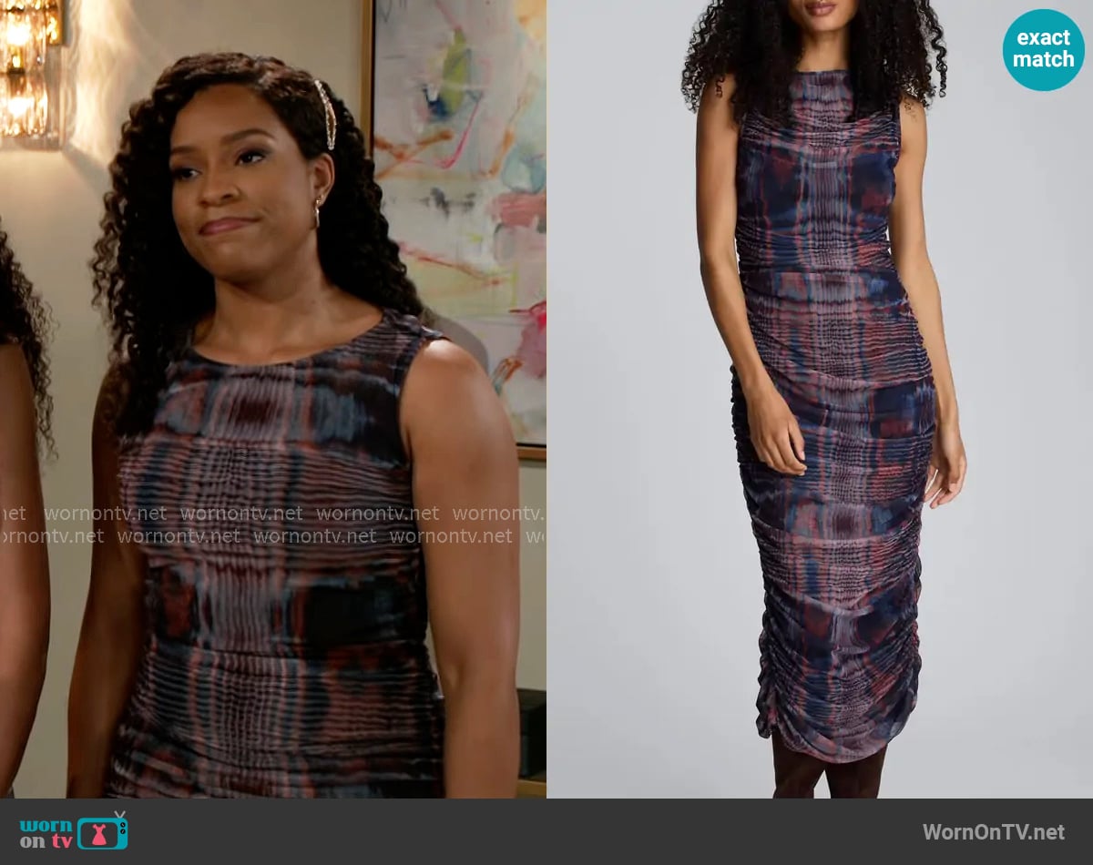 Kenneth Cole Abstract Print Ruched Mesh Midi Dress worn by Naomi Hamilton Hawthorne (Arielle Prepetit) on Beyond the Gates