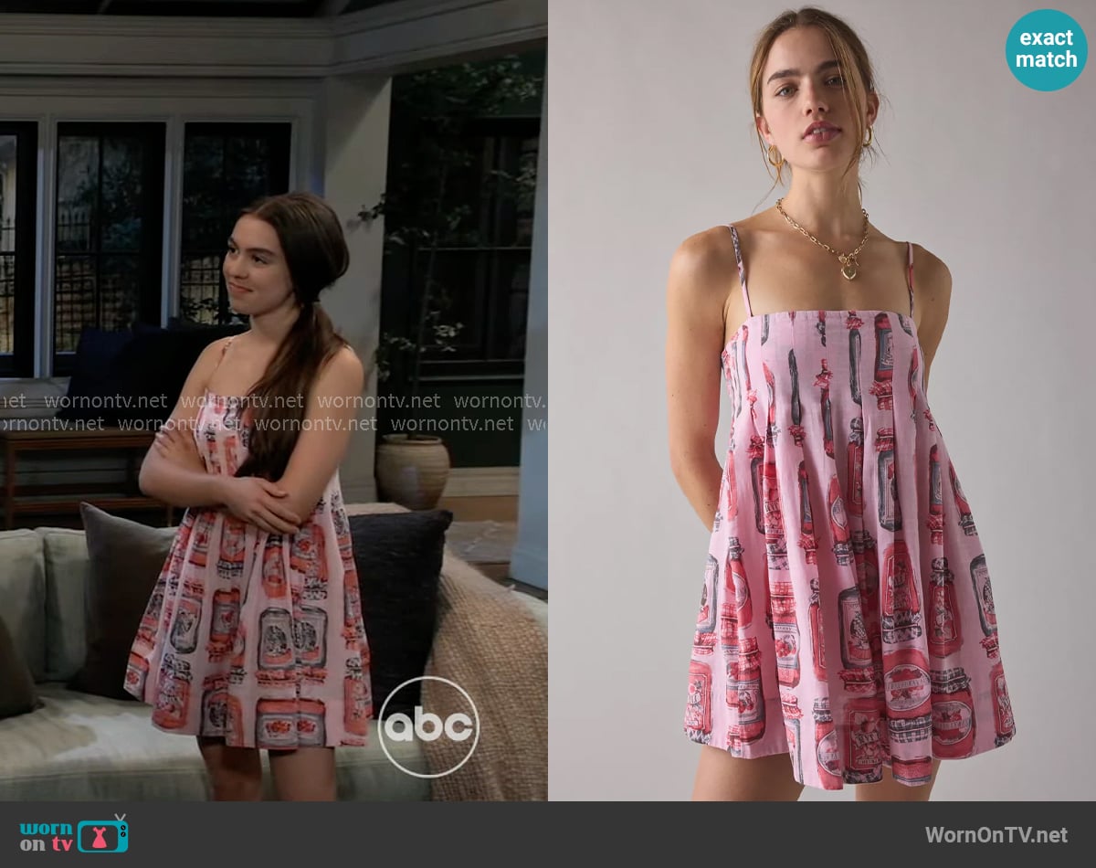 Kimchi Blue at Urban Outfitters Smooth Sailing Pleated Flounce Babydoll Mini Dress in Jam Jars worn by  Scout Cain (Kayden Tokarski) on General Hospital