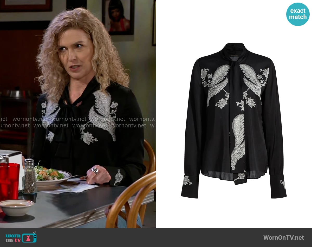 Kobi Halperin Cynthia Stretch-Silk Blouse worn by Jan Morgan (Jerri Tubbs) on Beyond the Gates