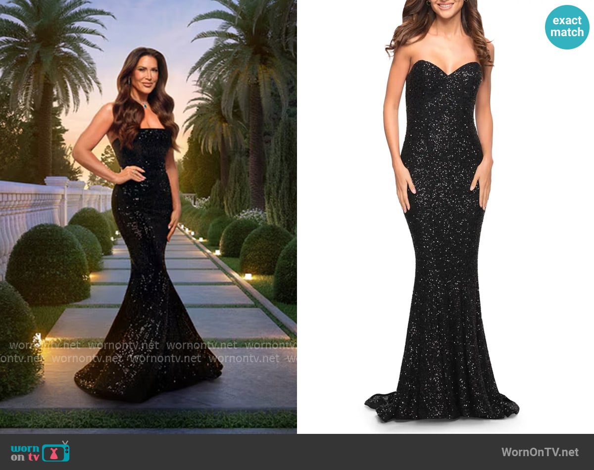 La Femme Strapless Sweetheart Luxe Sequin Gown worn by Emily Simpson on The Real Housewives of Orange County