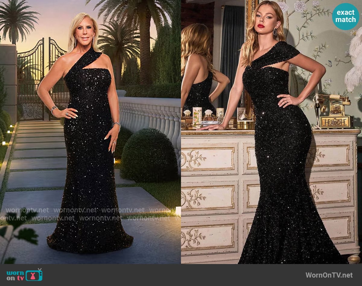 Ladivine CD980 One Shoulder Sequin Evening Gown worn by Vicki Gunvalson on The Real Housewives of Orange County
