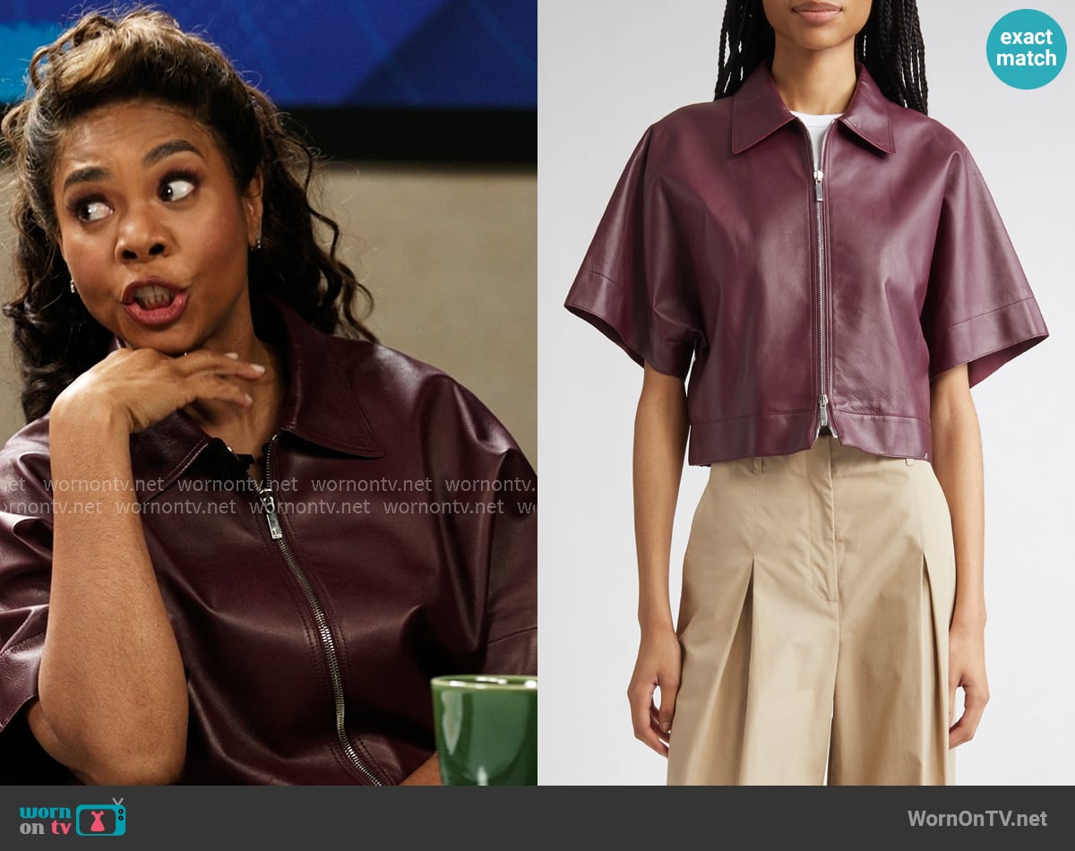 Lafayette 148 New York Elbow Sleeve Napa Leather Crop Jacket worn by  Dru-Ann Jones (Regina Hall) on The Five Star Weekend