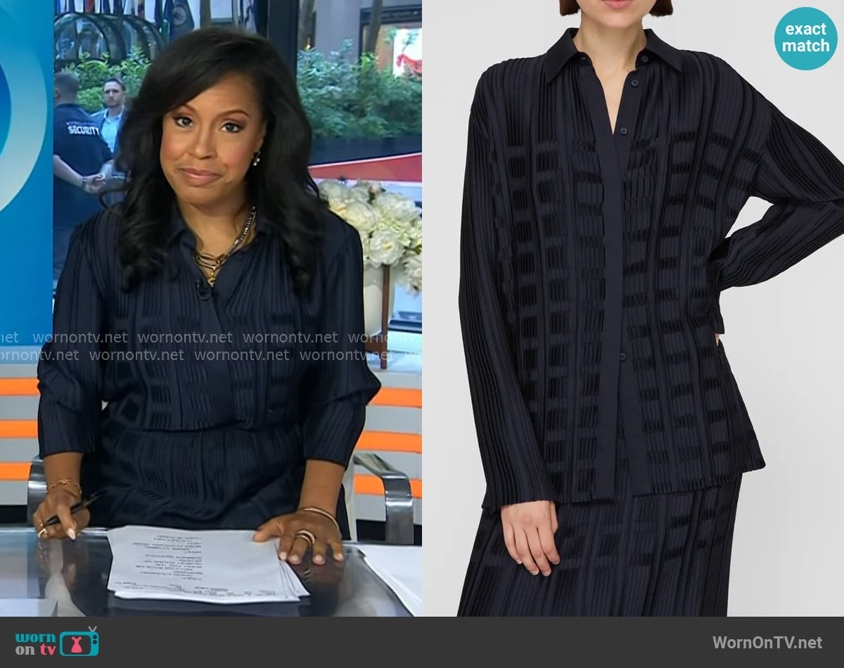 Lafayette 148 NY Basketweave Plissé Recycled Satin Blouse in Ink worn by Sheinelle Jones on Today