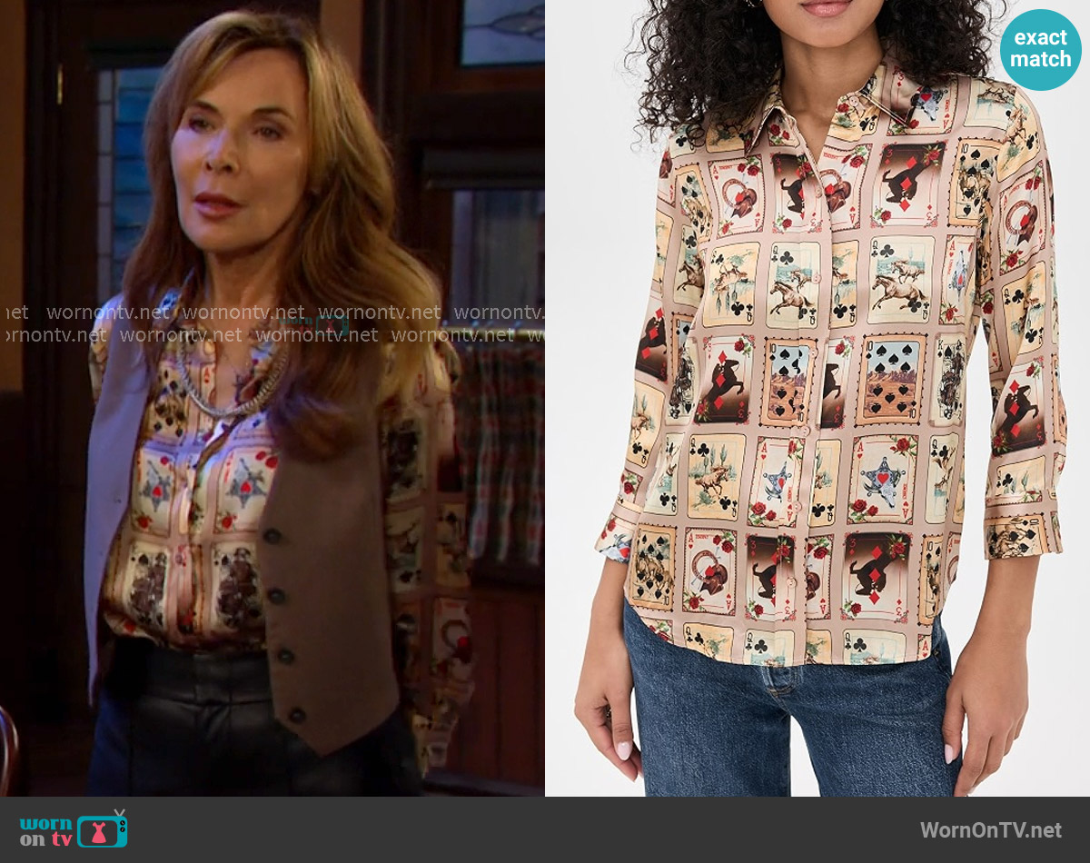 L'Agence Dani Blouse in Tan Multi Western Cards worn by Kate Roberts (Lauren Koslow) on Days of our Lives