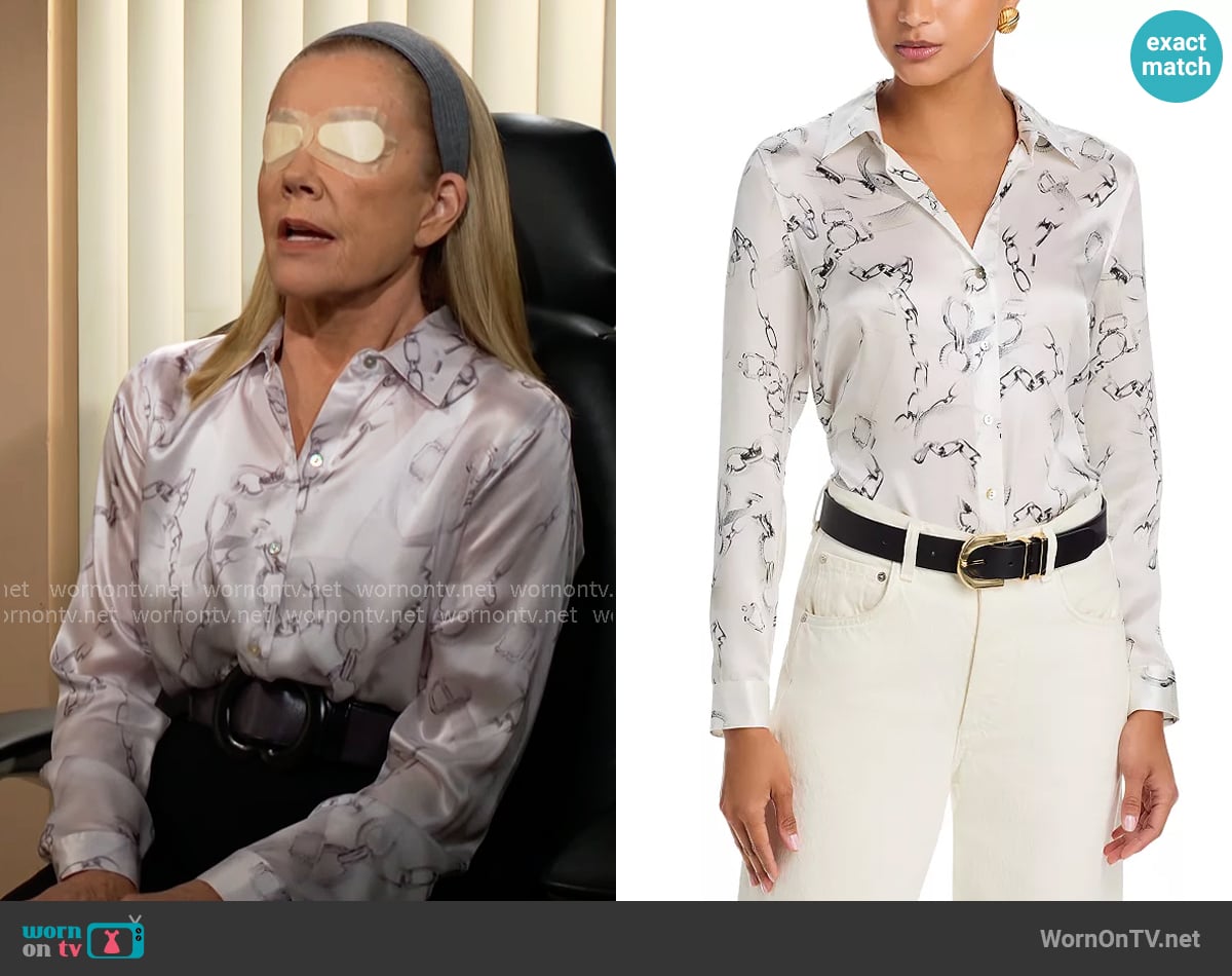 L'Agence Tyler Silk Blouse in Ivory/Grey Faded Chain worn by Nikki Reed Newman (Melody Thomas-Scott) on The Young and the Restless
