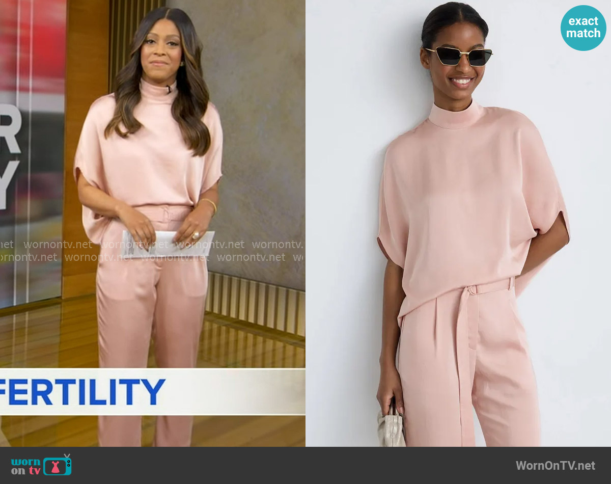 Lapointe Satin Collared Cape Top worn by Morgan Norwood on Good Morning America