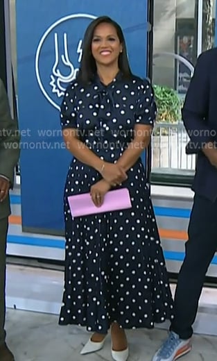 Laura’s navy polka dot tie neck dress on Today