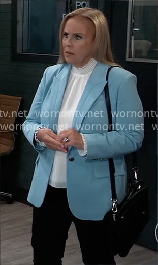 Laura’s white top and sky blue blazer on General Hospital