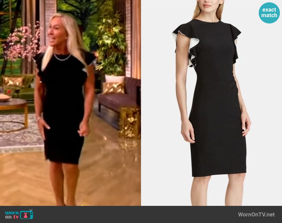 Lauren Ralph Lauren Black Petal Sleeve Knee Length Sheath Dress worn by Marjorie Taylor Greene on The View