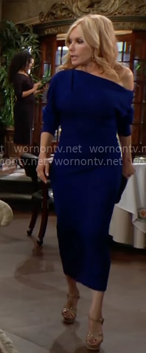 Lauren’s blue off shoulder midi dress on The Young and the Restless