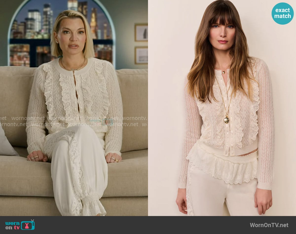LoveShackFancy Melisse Eyelet Ruffle Cardigan in Aspen White worn by Lindsay Hubbard on In The City