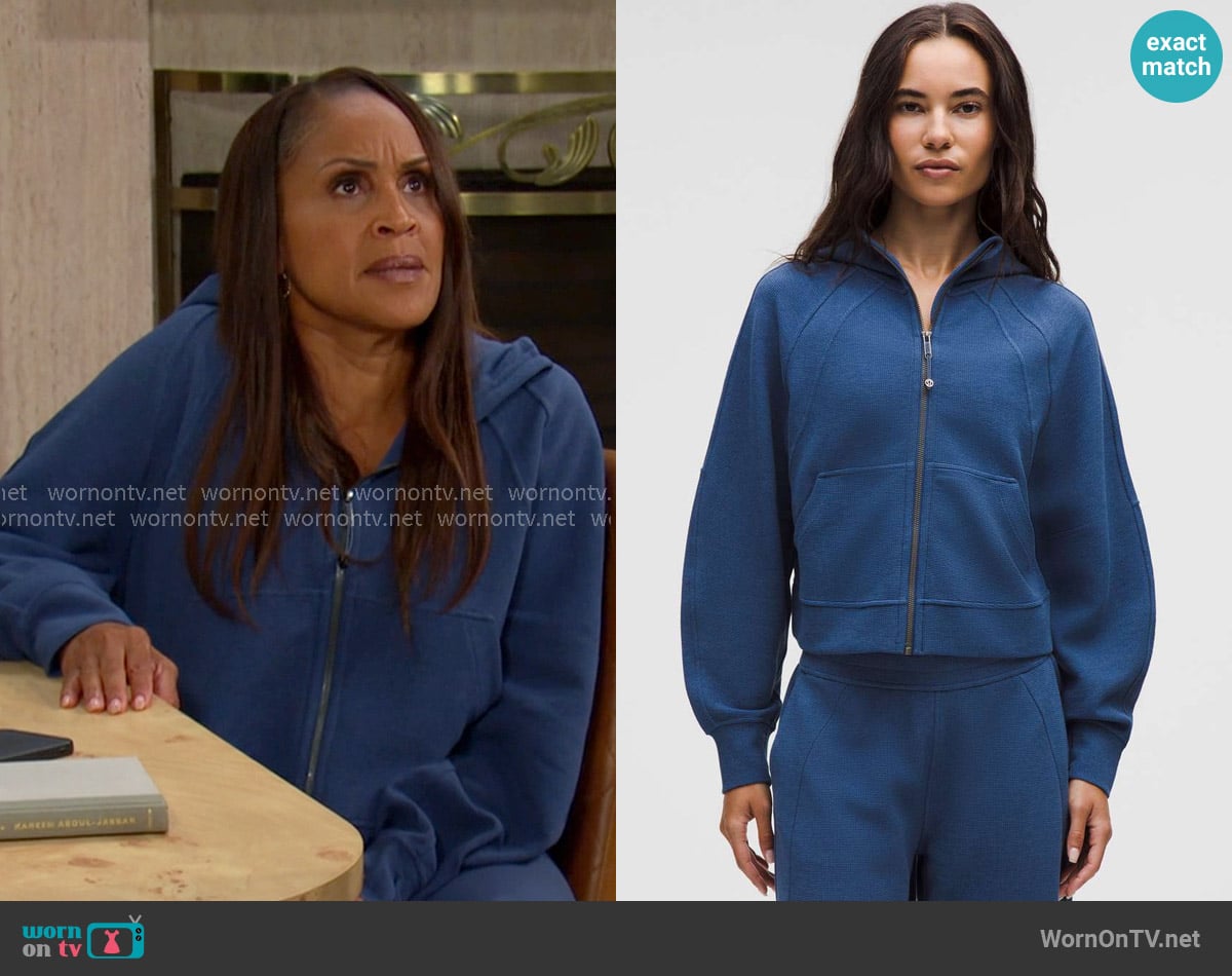 Lululemon Scuba Oversized Full-Zip Hoodie in Heathered Blue Twill worn by  Alexandra Carver (Nikki Crawford) on Days of our Lives