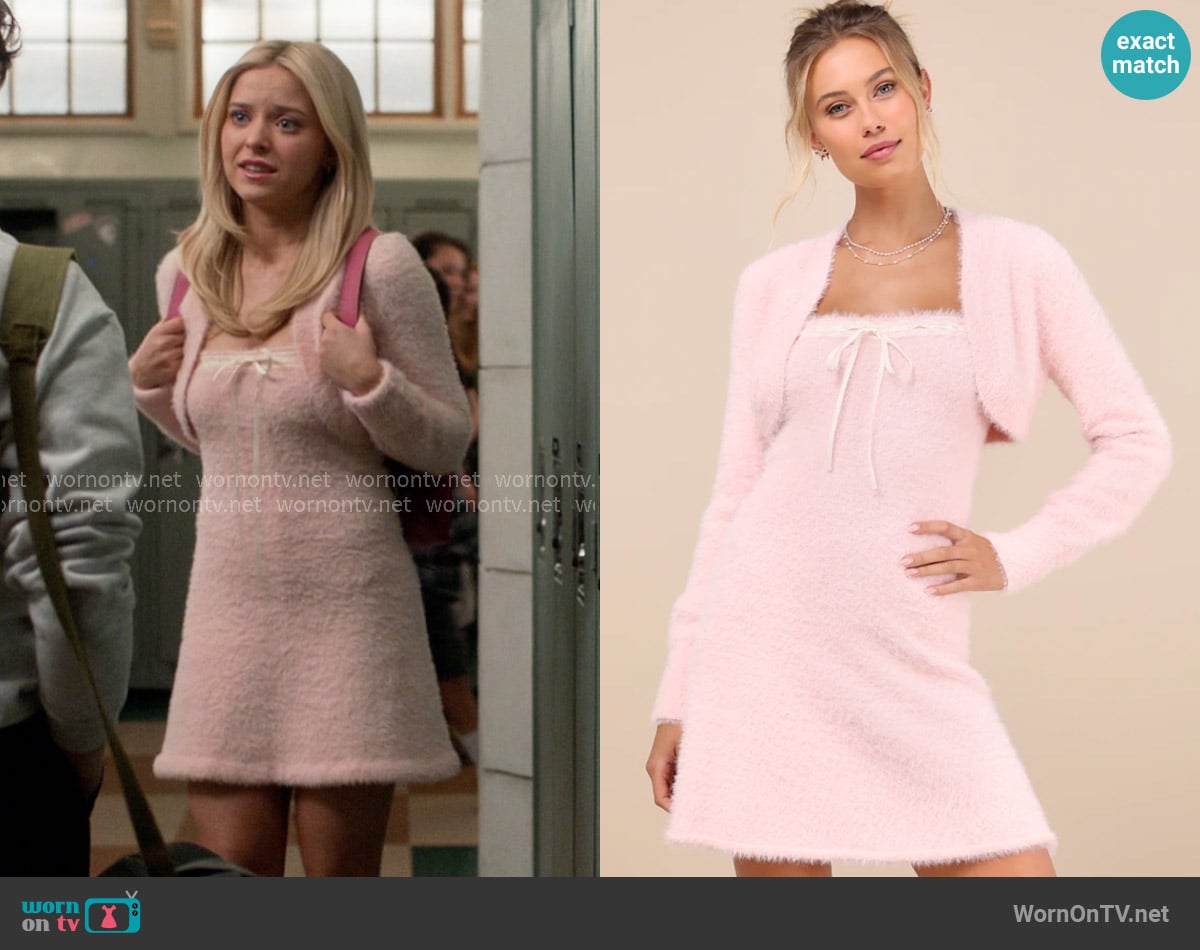 Lulus Dynamic Sweetheart Pink Eyelash Knit Mini Dress & Shrug Set worn by Elle Woods (Lexi Minetree) on Elle