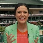 Maggie’s red ribbed dress and light green blazer on Good Morning America