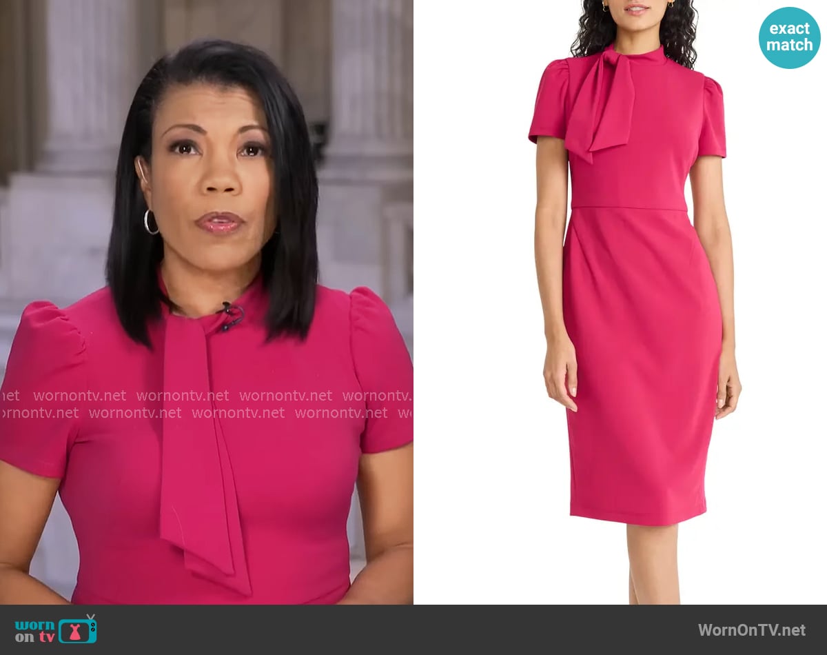 Maggy London Tie Neck Puff Sleeve Scuba Crepe Dress in Sangria worn by Nikole Killion on CBS Mornings