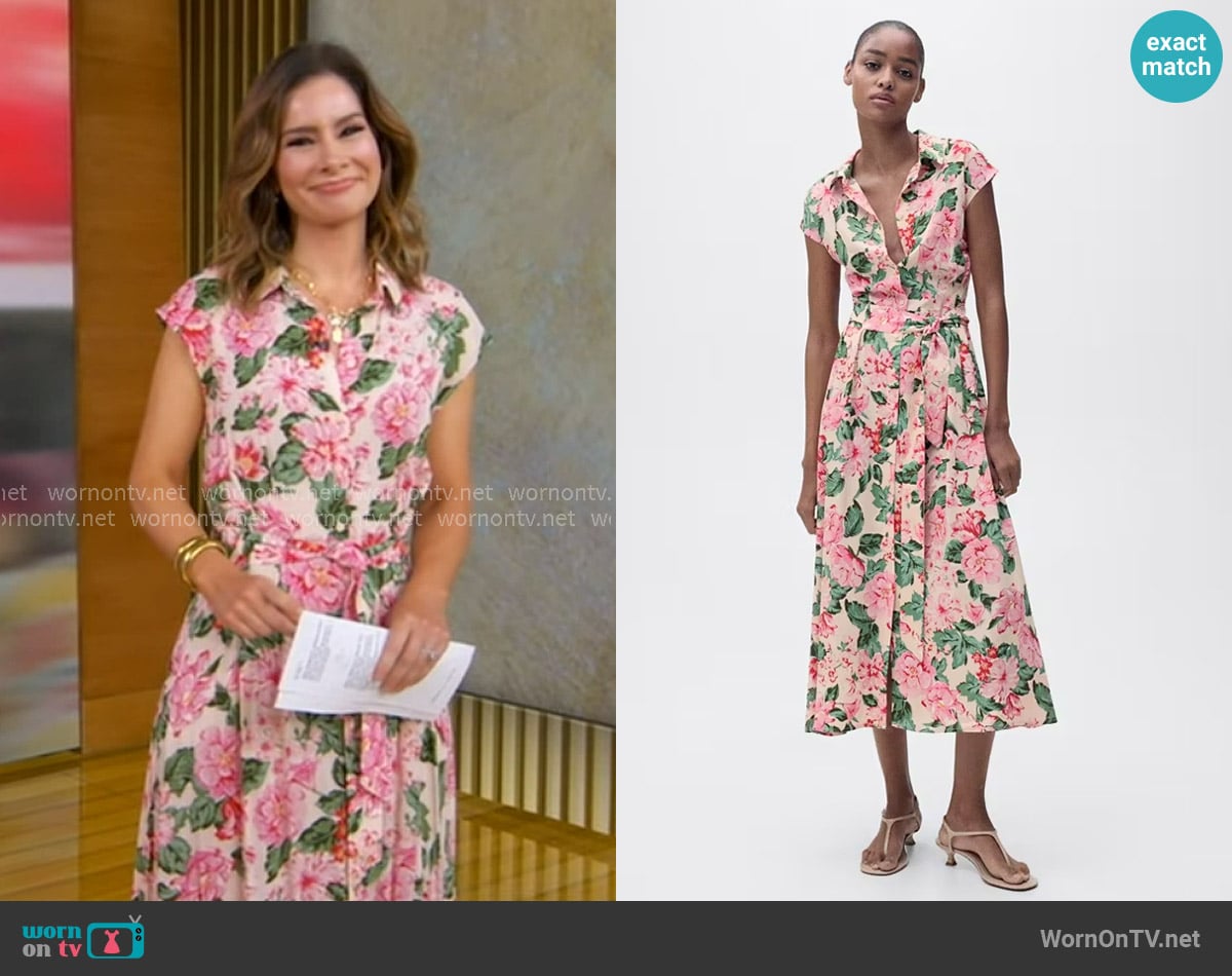 Mango Printed Shirt Dress with Belt in Ecru worn by Rebecca Jarvis on Good Morning America