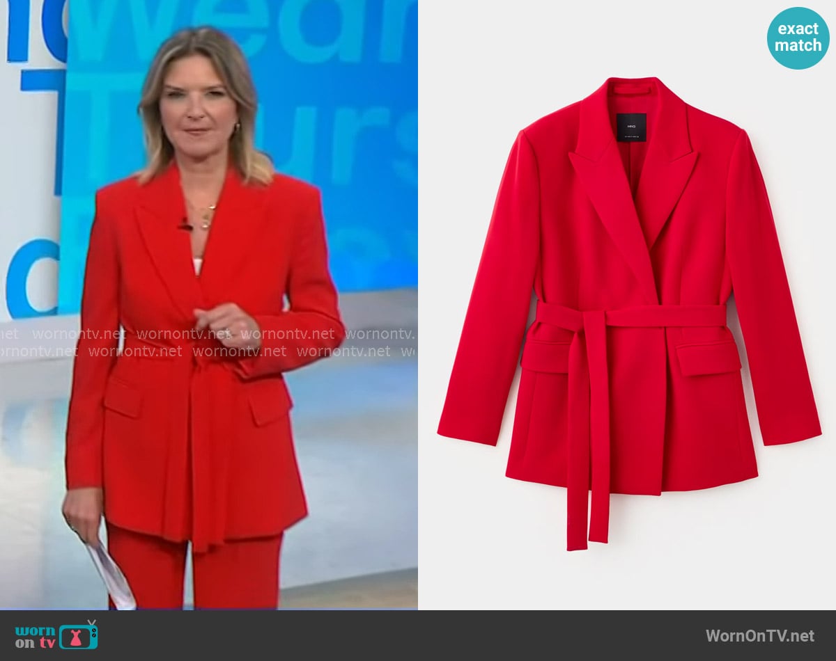 Mango Suit Jacket with Belt in Red worn by Christine Romans on NBC News Daily