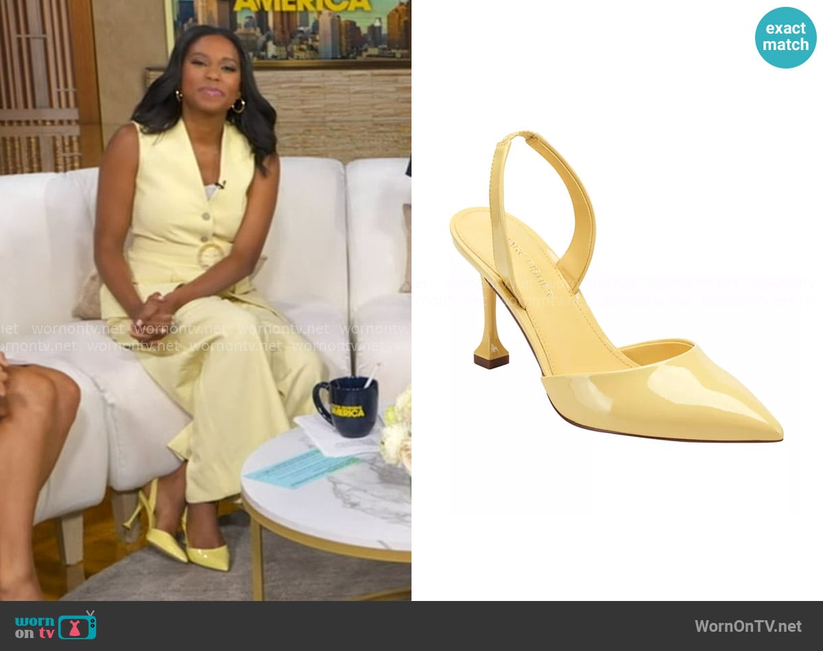 Marc Fisher Hadya Slingback Stiletto Pumps in Yellow Patent worn by Rachel Scott on Good Morning America