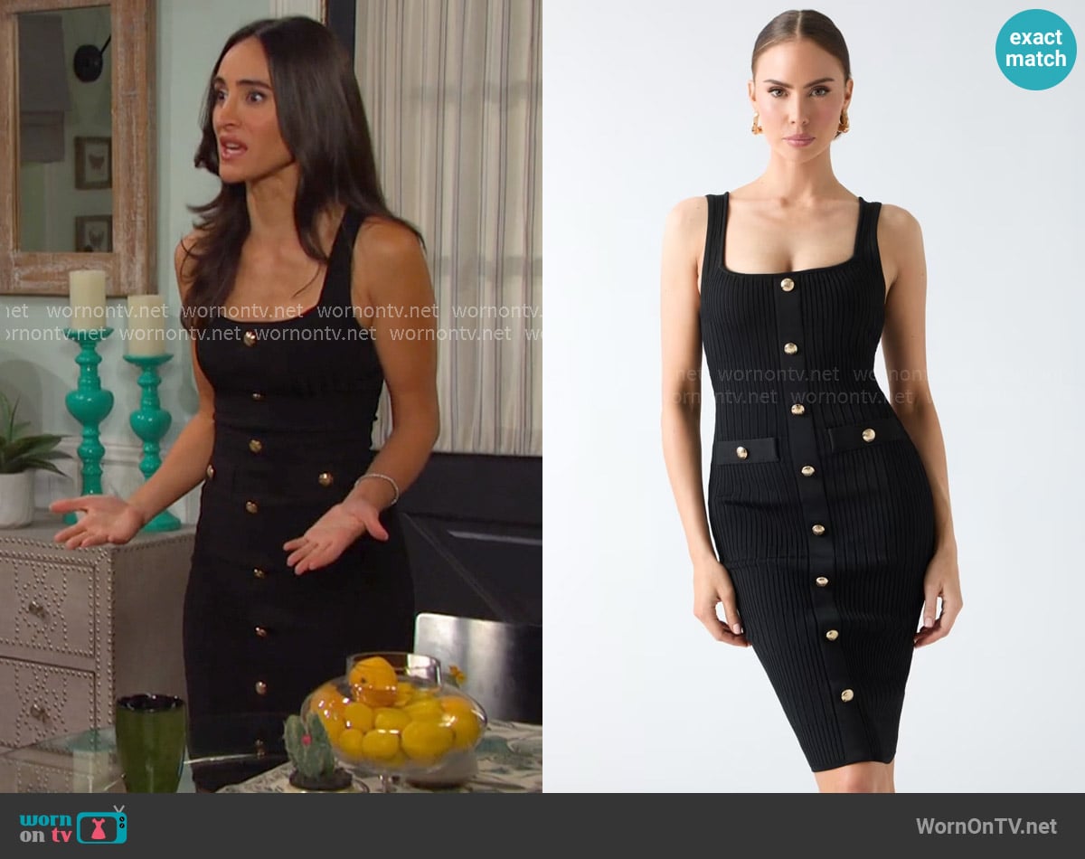 Gabi’s black ribbed dress with gold buttons on Days of our Lives