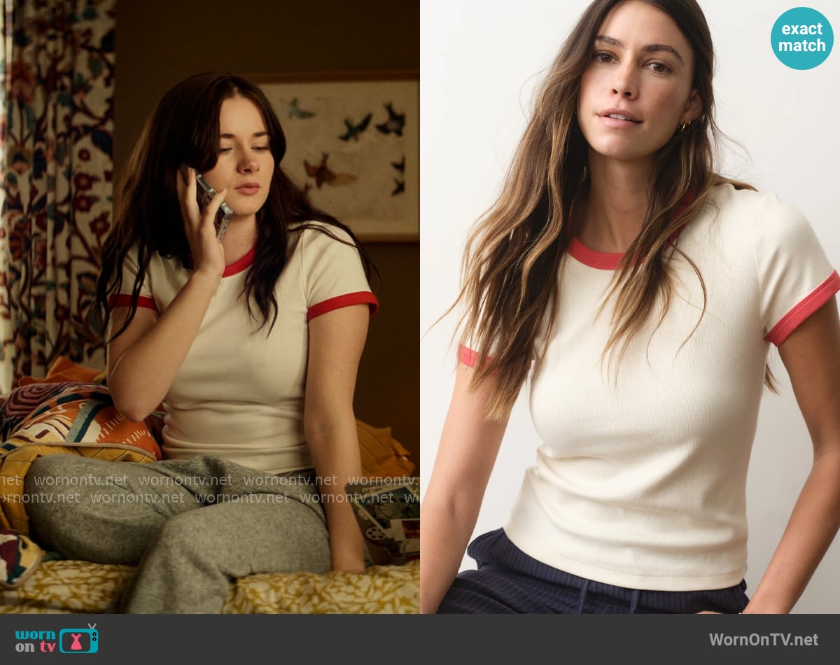 Marine Layer Lexi Rib Ringer Tee in Cream & Poppy worn by Caroline Shaw (Harlow Jane) on The Five Star Weekend