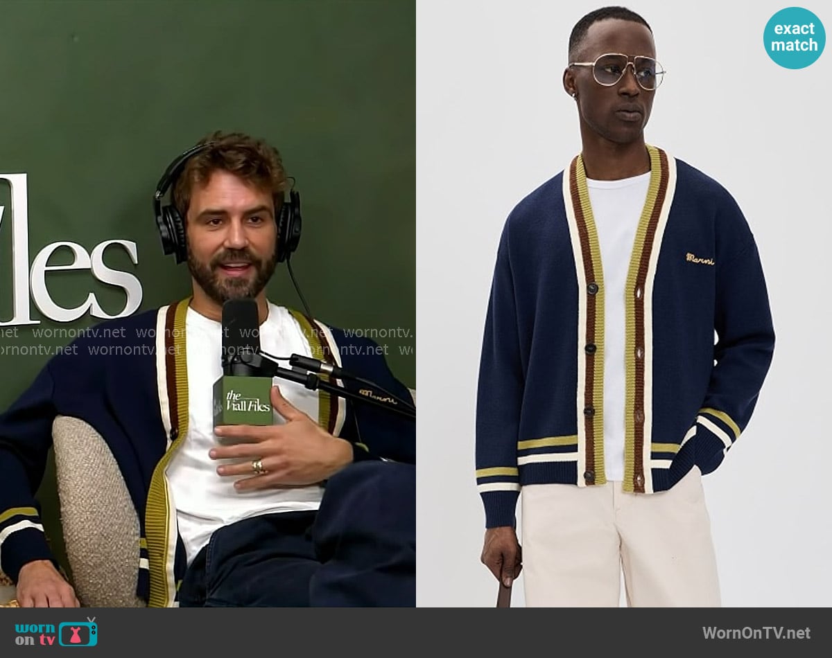 Nick Viall’s navy stripe trim cardigan on Today Nick Viall’s navy stripe trim cardigan on Today