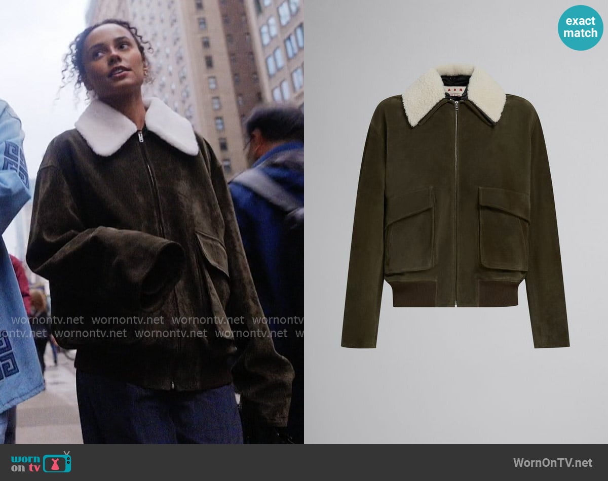 Marni Green Suede Jacket with Shearling Collar worn by Ava Dash on Next Gen NYC