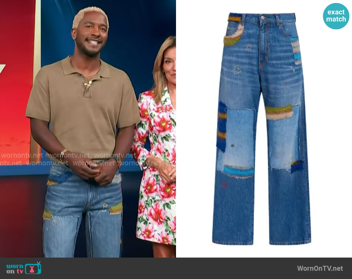 Marni Patchwork straight-leg jeans worn by Scott Evans on Access Hollywood