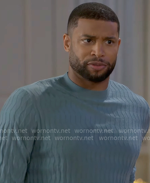 Martin’s teal textured sweater on Beyond the Gates