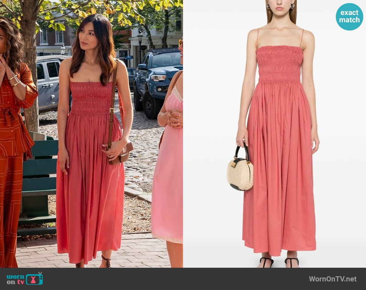 Matteau Shirred Bodice Dress in Rose worn by Gigi Ling (Gemma Chan) on The Five Star Weekend