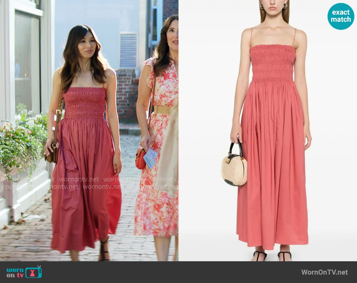 Matteau Shirred Bodice Dress in Rose worn by Gigi Ling (Gemma Chan) on The Five Star Weekend