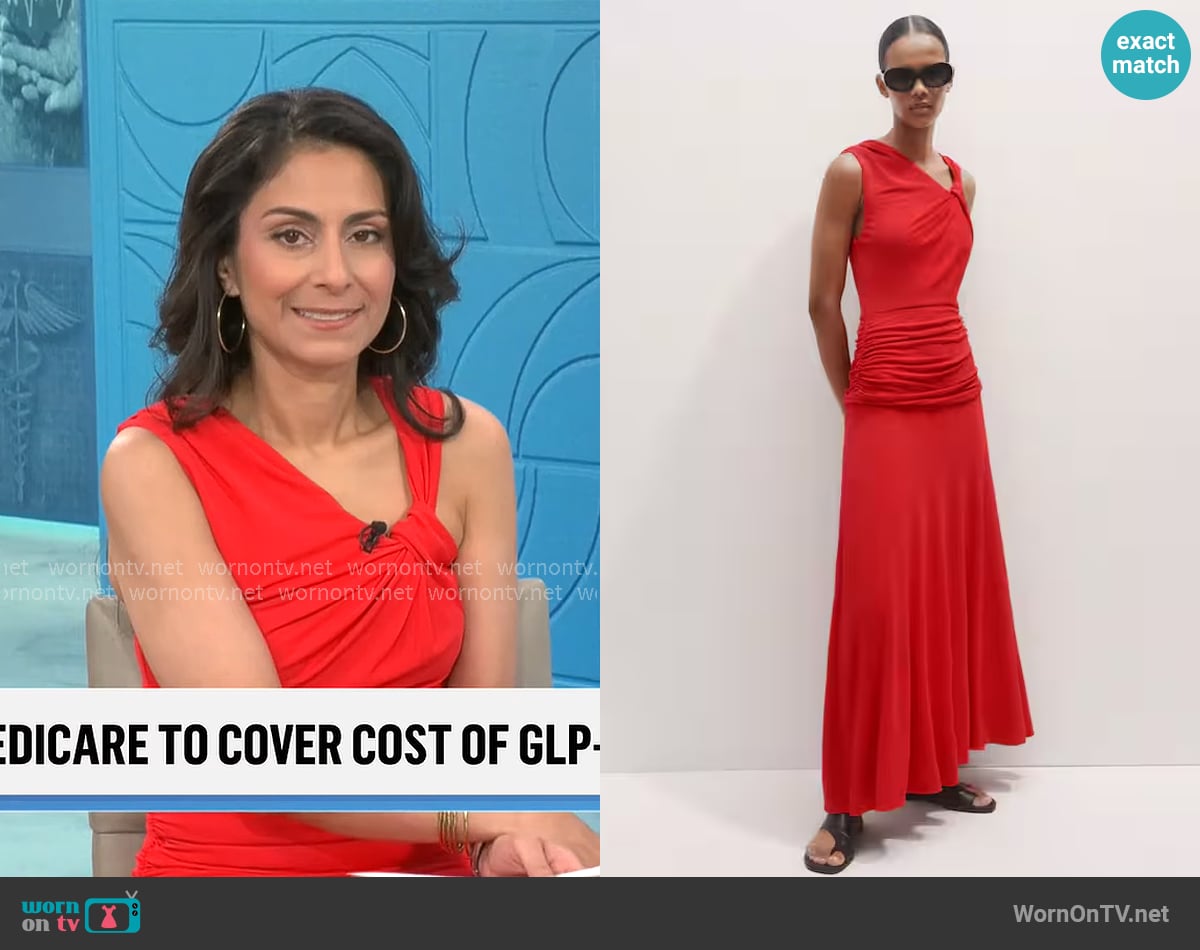 Me + Em Asymmetric Detail Ruched Maxi Dress worn by Dr. Celine Gounder on CBS Mornings
