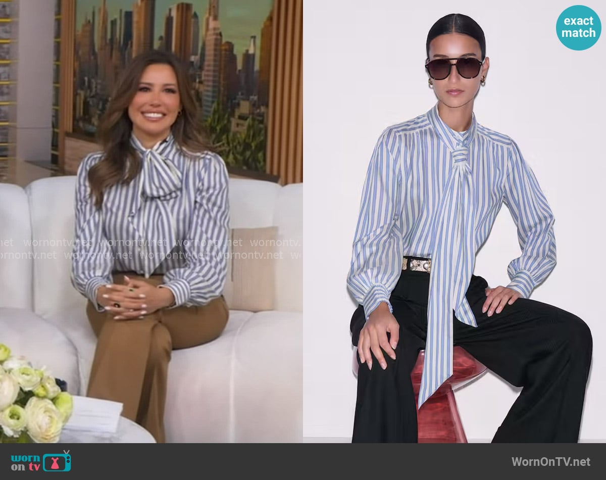 Me + Em Supersoft Shirt + Tie in Blue White worn by Leslie Lopez on Good Morning America
