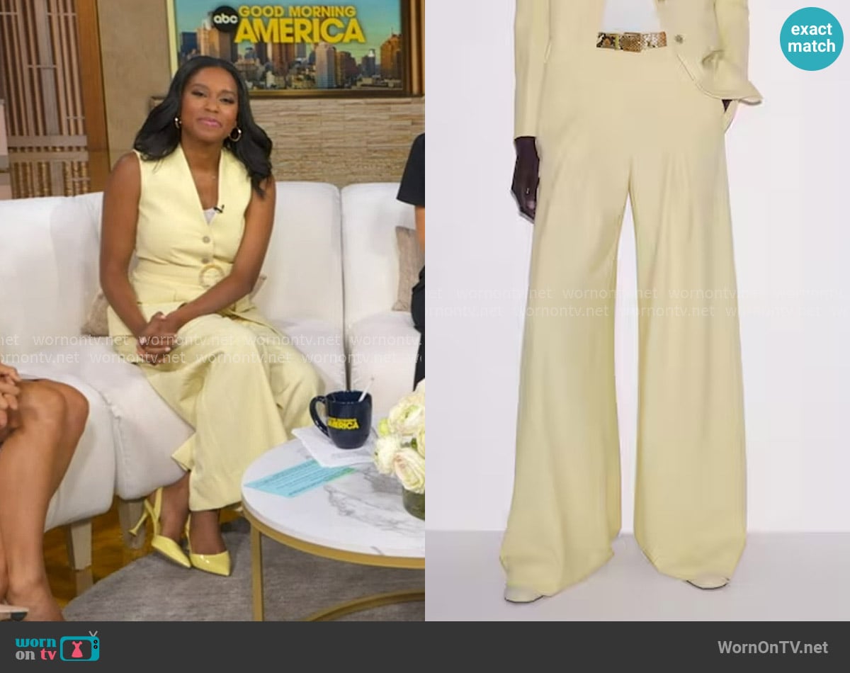 Me + Em Very Wide-Leg Trouser in Dusted Lemon Yellow worn by Rachel Scott on Good Morning America