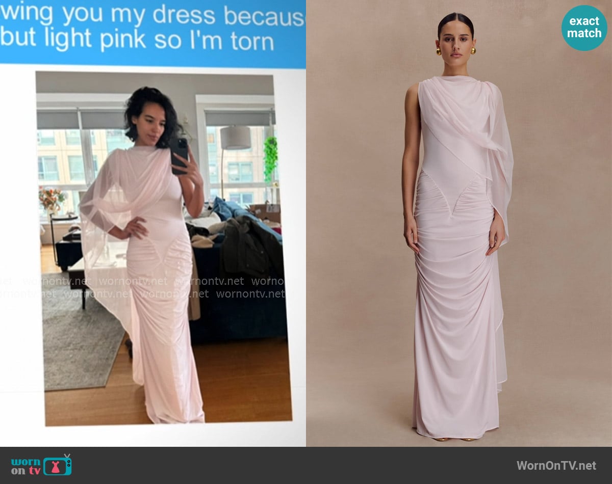 Meshki Amandine Ruched Slinky Maxi Dress worn by Danielle Olivera on In The City