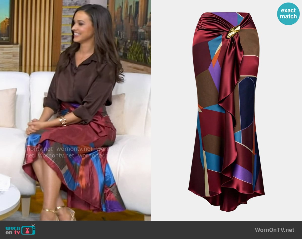 Micas Satin Plaid Contrast Print Metallic Decor Ruched Skirt worn by Hanna Battah on Good Morning America