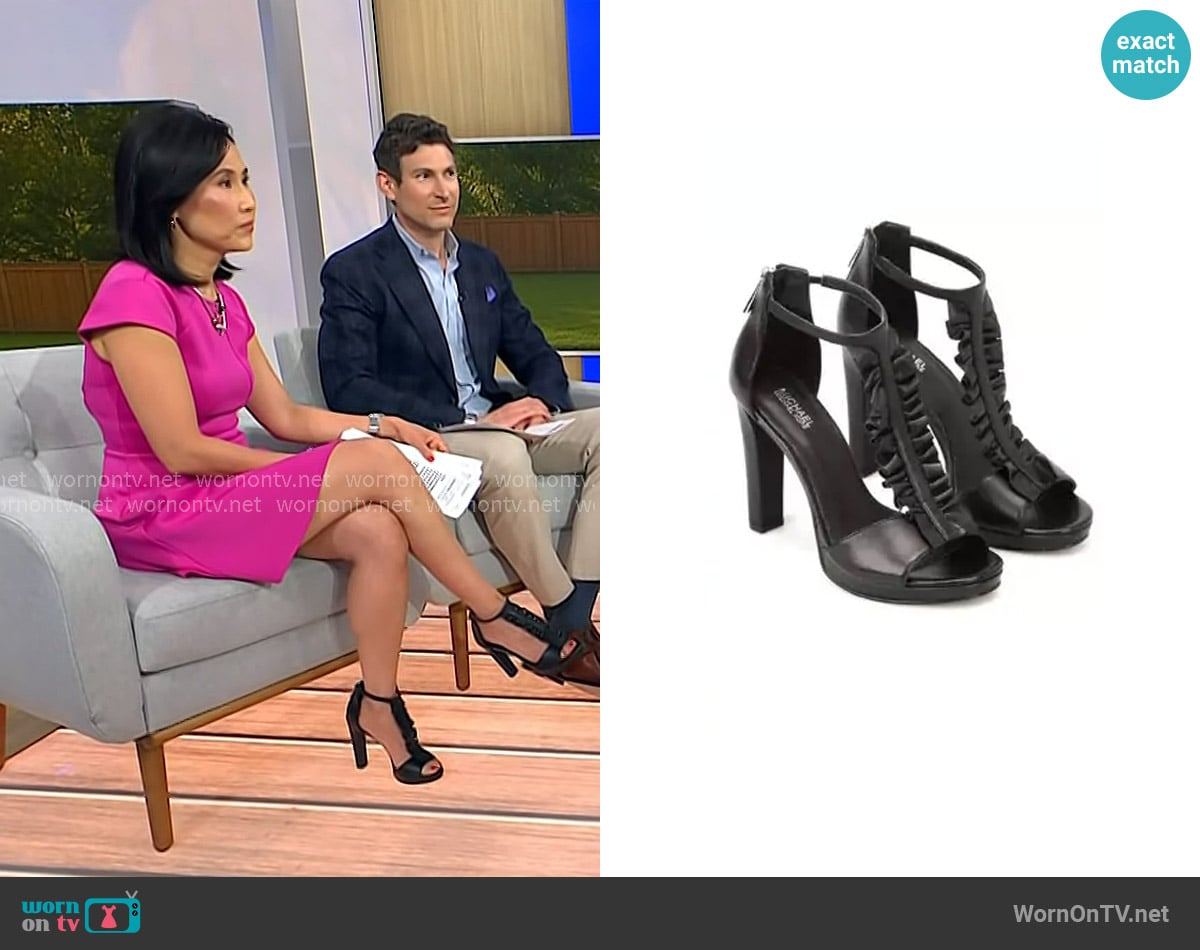 Michael Kors Bella Ruffled Leather Sandal worn by Vicky Nguyen on NBC News Daily
