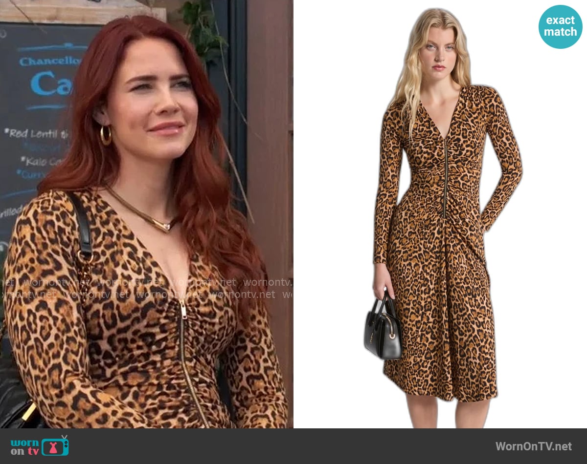 MICHAEL Michael Kors Long Sleeve Zip Ruched Midi Dress in Marigold worn by Sally Spectra (Courtney Hope) on The Young and the Restless