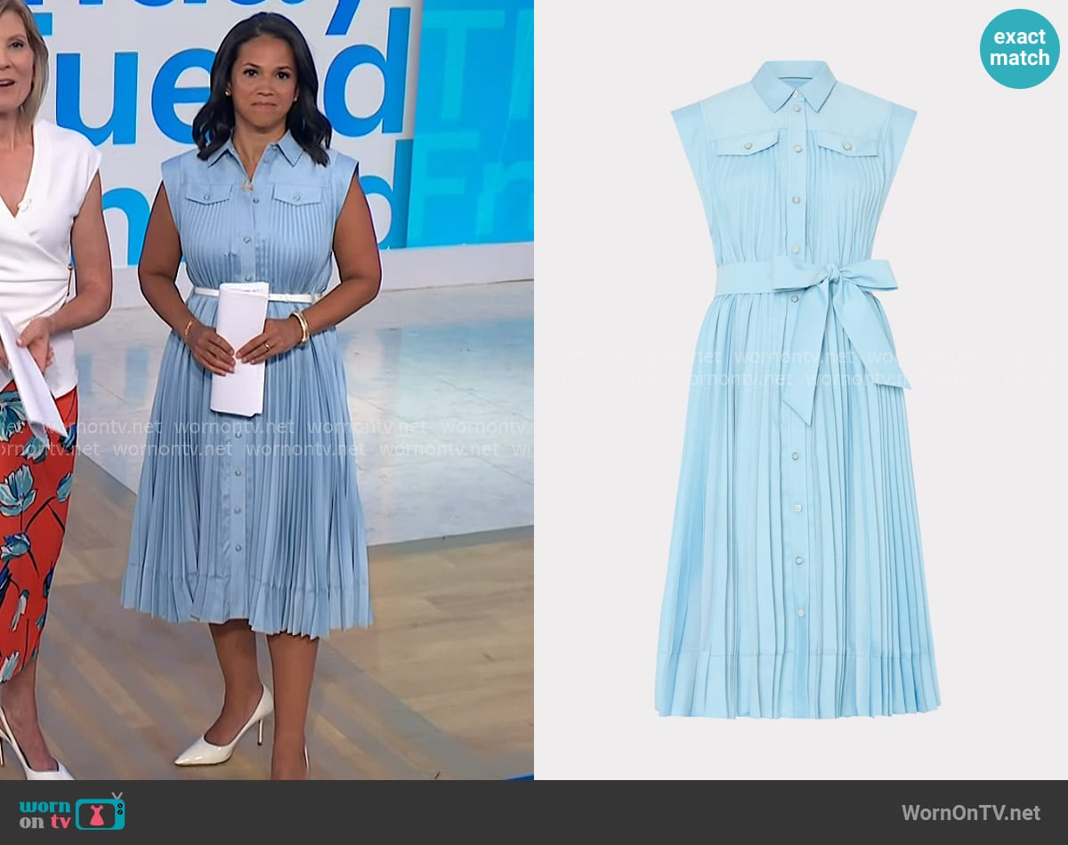 Milly Johanna Pleated Twill Midi Dress in Mineral Blue worn by Laura Jarrett on NBC News Daily