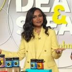 Mindy Kaling’s yellow double breasted blazer and pants on Good Morning America