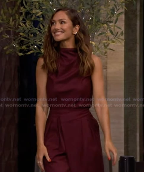 Minka Kelly’s burgundy satin top and pants on Live with Kelly and Mark