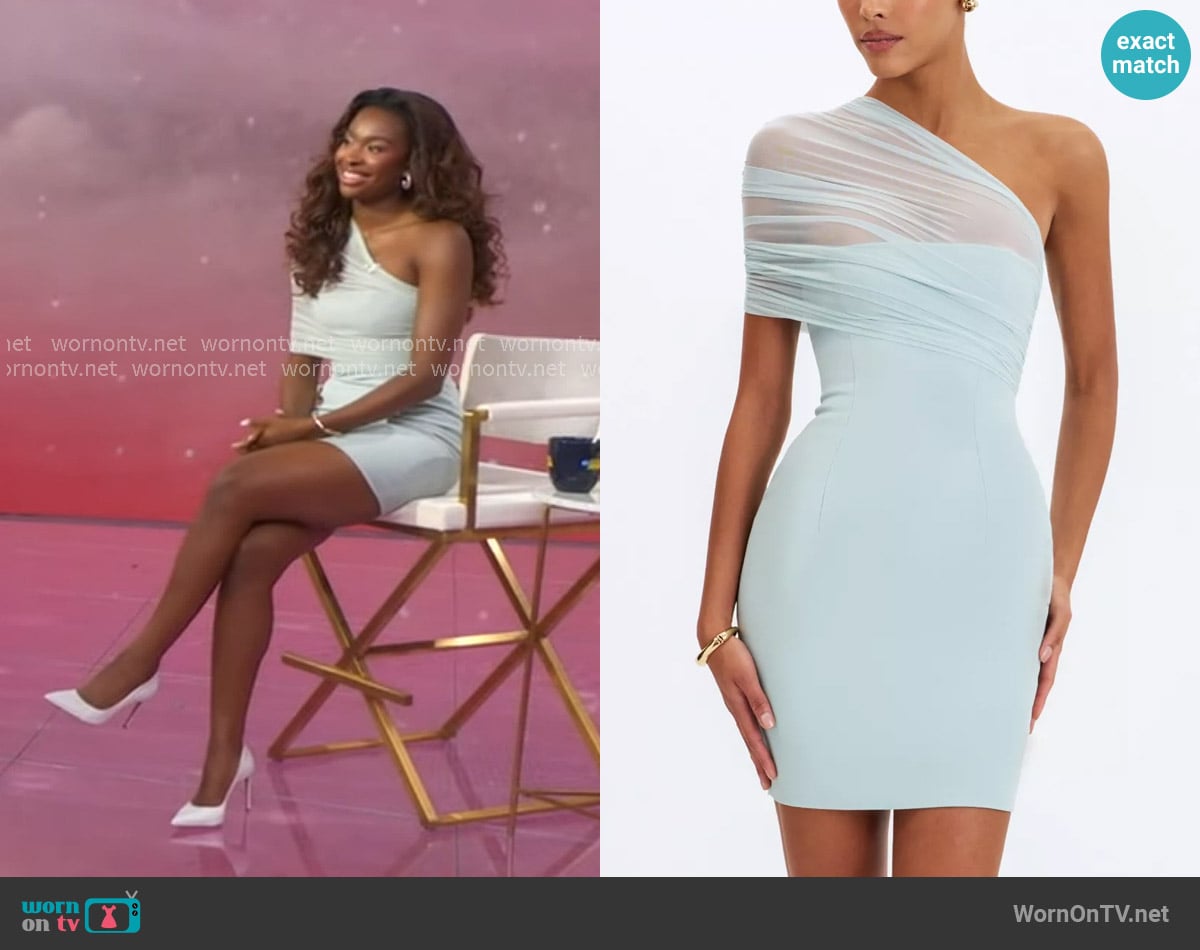 Miss Circle Phoebe One-Shoulder Ruched Mesh Mini Dress worn by Coco Jones on Good Morning America