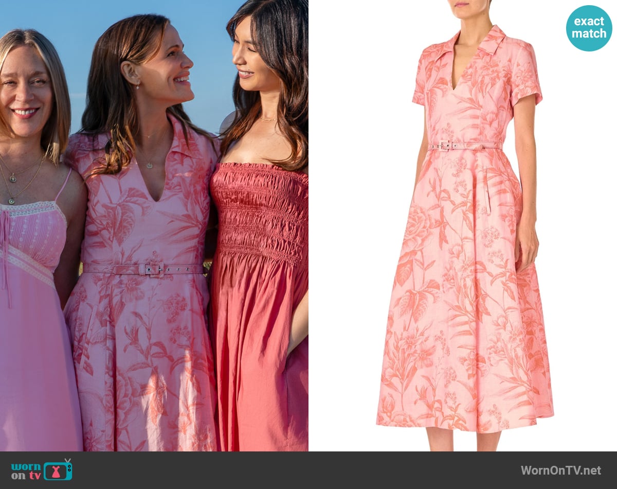 Monique Lhuillier Tropical Rose Shirt Midi Dress worn by Hollis Shaw (Jennifer Garner) on The Five Star Weekend